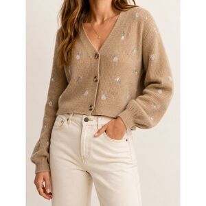 Love Tree Floral Embroidered Cropped Fall Cardigan Oatmeal Cottagecore Sweater L